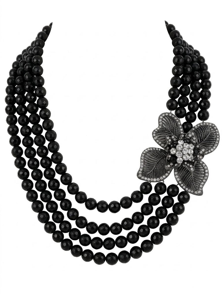 Norel Black Onyx 5 Row evening necklace with large side pendant Handmade
