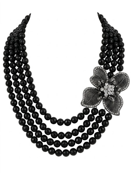 Norel Black Onyx 5 Row evening necklace with large side pendant Handmade