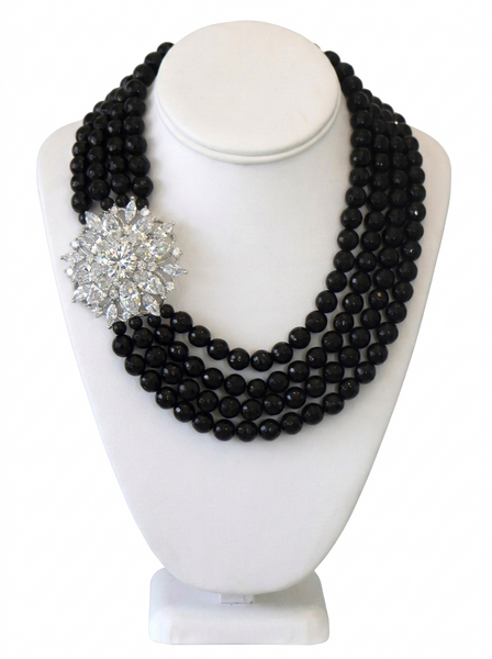 Madison Black Onyx Multi Row Necklaces With Clear CZ Pendant