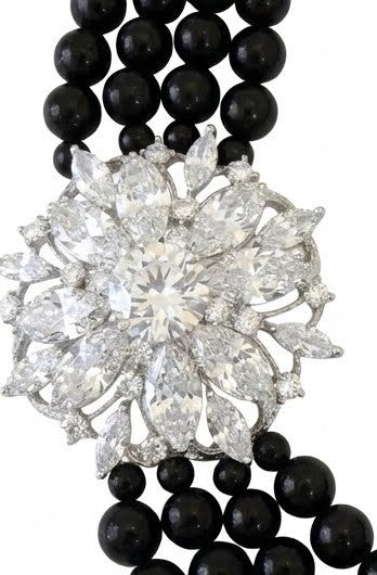 Madison Black Onyx Multi Row Necklaces With Clear CZ Pendant