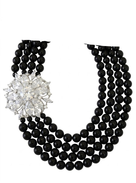 Madison Black Onyx Multi Row Necklaces With Clear CZ Pendant
