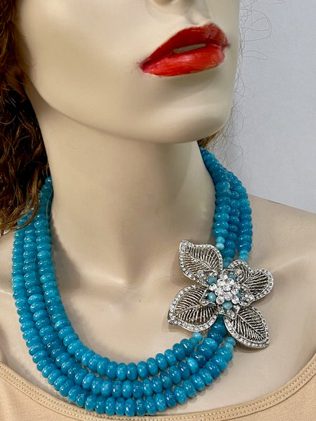 blue agate 3 Row necklace with large side piece , statement necklace handmade one of a kind