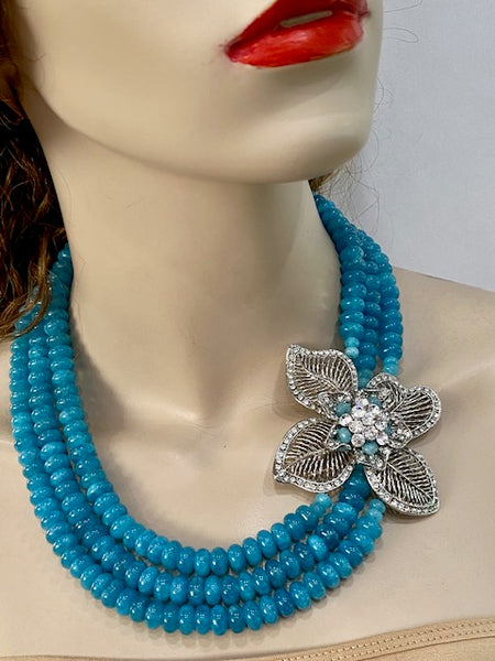 blue agate 3 Row necklace with large side piece , statement necklace handmade one of a kind