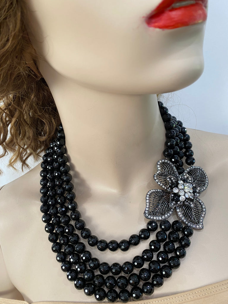 Norel Black Onyx 5 Row evening necklace with large side pendant Handmade