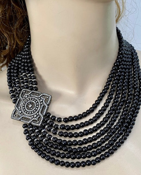 Bernina black swarovski pearls 7 row necklace with large side pendant Handmade