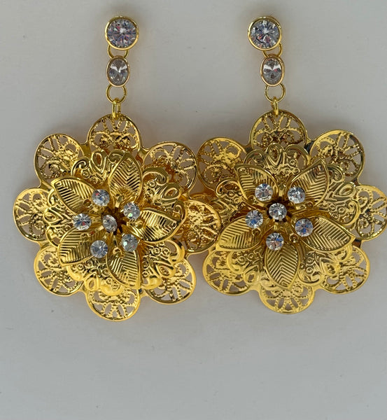 Gold plated Filigree With Swarovsky Stone Large Flower Earrings  " Very Light Weight"