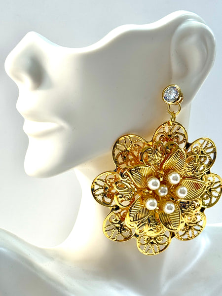 Gold plate Filigree With swarovski pearls Large Earrings  "Very Light Weight"