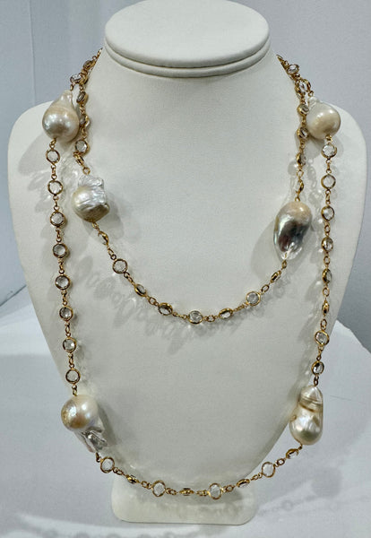 Julia, Baroque pearl necklace with swarovski gold plate chain with clear stone, Handmade