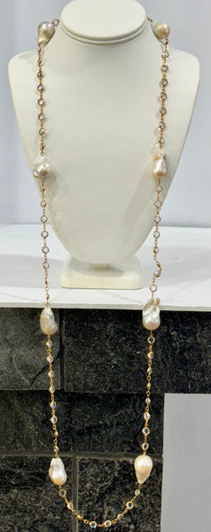 Julia, Baroque pearl necklace with swarovski gold plate chain with clear stone, Handmade