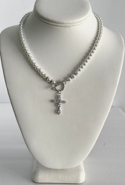 Small Cross on a white Swarovski pearls necklace , Handmade in the USA