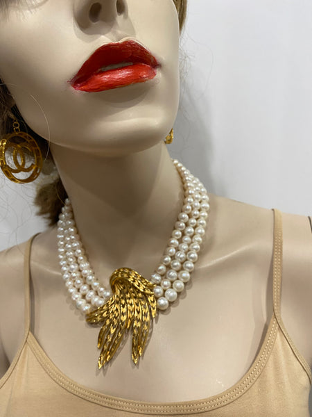 Olivia Fresh water pearls 3 row Necklace with Gold plated center piece , One of a kind , Hand made
