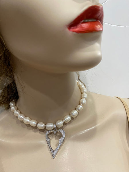 Cilia Fresh Water Pearls Necklace With Large Macro pave Large Heart