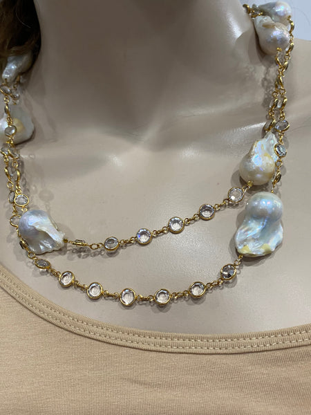 Julia Baroque pearl necklace with swarovski gold plate chain with clear stone, Handmade