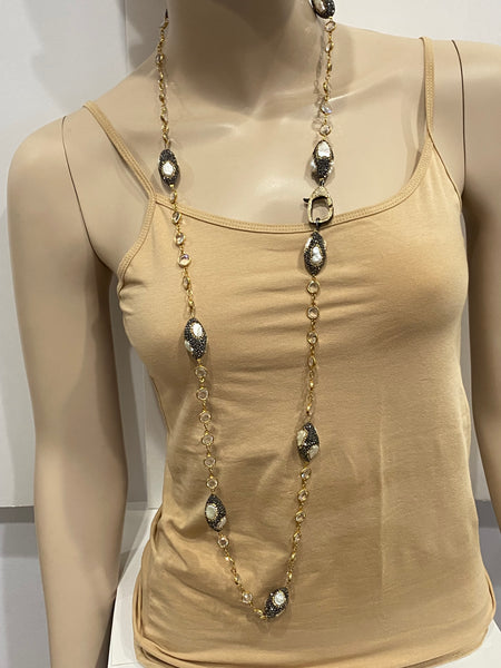 Ruth Baroque pearls with black pave with swarovski chain with stone Long Necklace