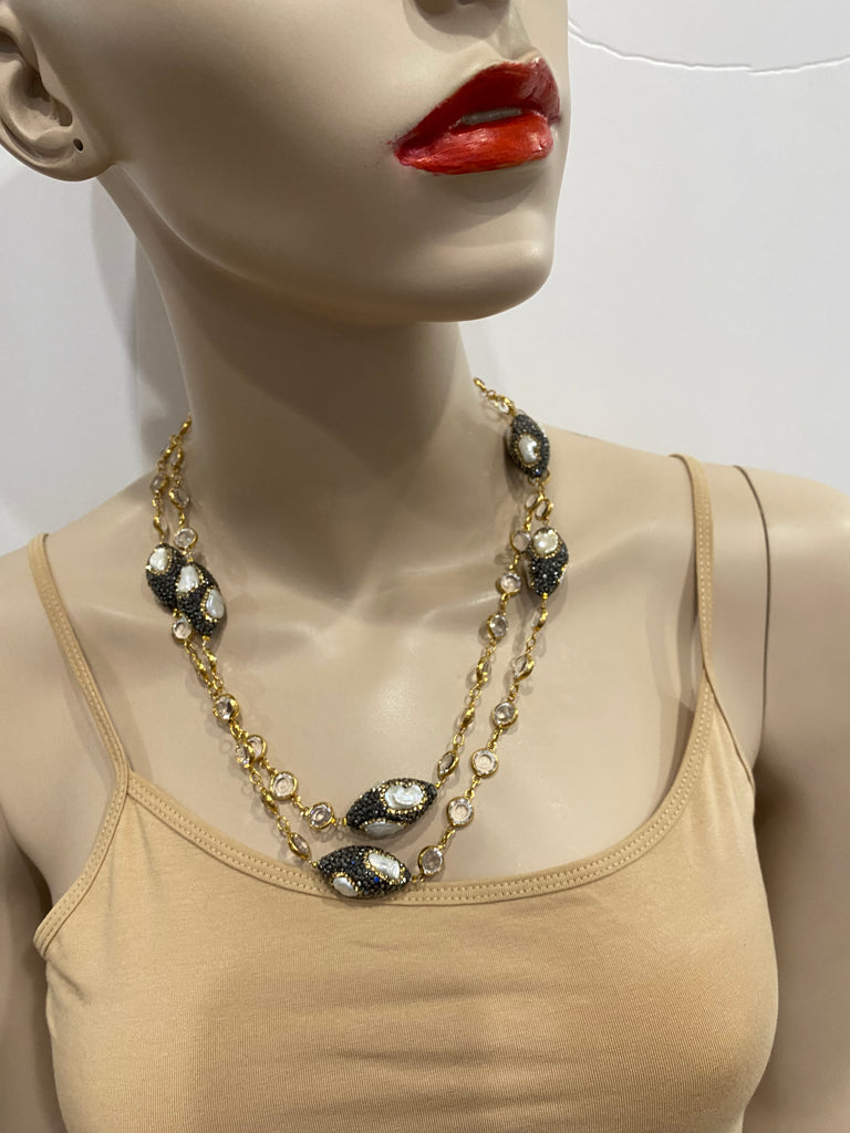 Ruth Baroque pearls with black pave with swarovski chain with stone Long Necklace