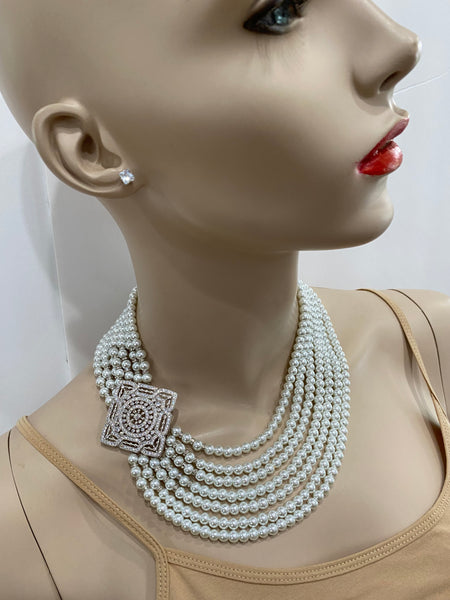 Gigi 6 row swarovski pearls Necklace with large side macro pave center piece, hand made