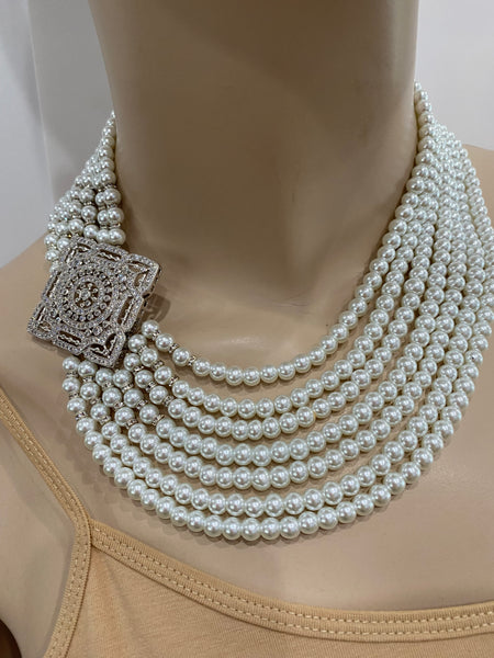 Gigi 6 row swarovski pearls Necklace with large side macro pave center piece, hand made