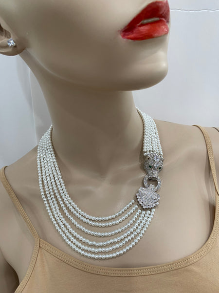 Elinor White Swarovski Pearls 6 Row Necklace With Macro Pave Side Panther , Hand Made