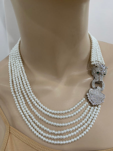 Elinor White Swarovski Pearls 6 Row Necklace With Macro Pave Side Panther , Hand Made