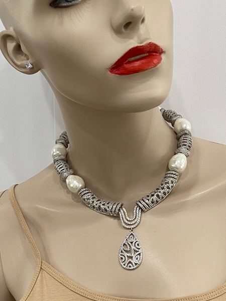 Roya Macro pave And Mother of Pearls Wedding Necklace