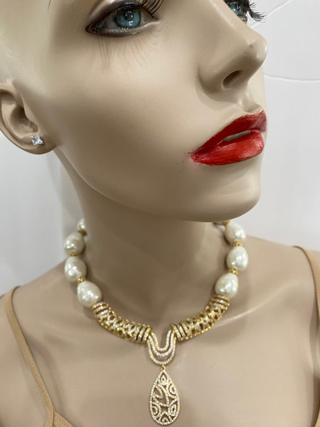 Anya Macro Pave Gold Plated Over Sterling Silver,  Mother Of Pearls Wedding Necklace