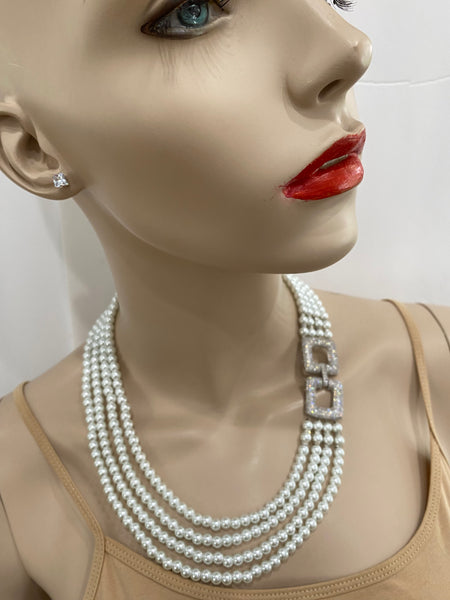 Lia swarovski White Pearls 4 row wedding necklace with macro pave side clasp , Handmade