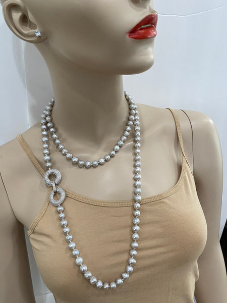 Label Grey Freshwater Pearls Long Necklace With Pave Clasp  , Handmade In The USA