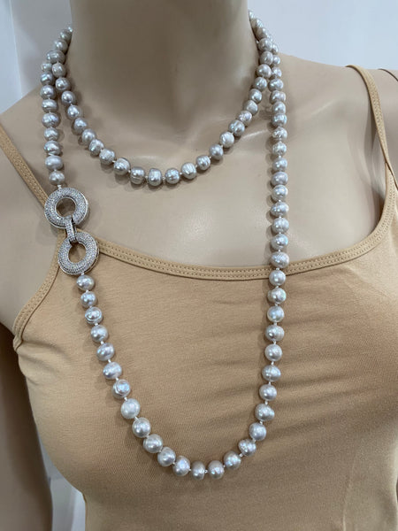 Label Grey Freshwater Pearls Long Necklace With Pave Clasp  , Handmade In The USA