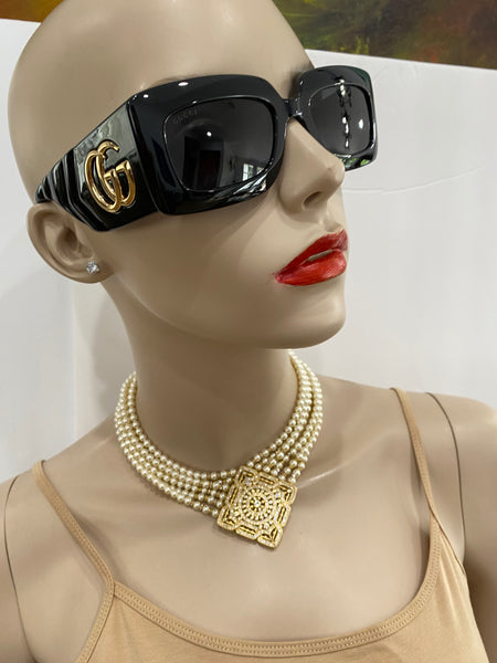 Lili Swarovski Cream Pearls 6 Row Necklace ,with Large Macro pave Center Piece