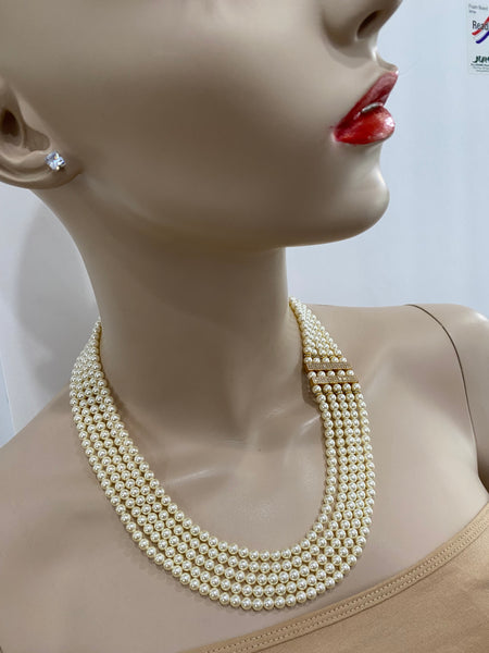 Evita Swarovski 5 Row Cream 5mm Pearls Necklace with Gold plated over sterling silver bars on side
