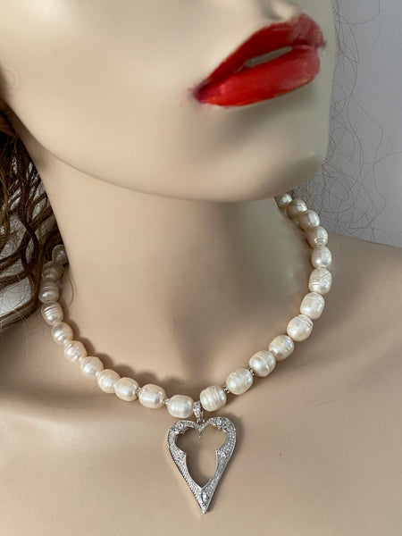Cilia Fresh Water Pearls Necklace With Large Macro pave Large Heart