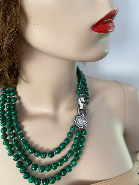 Lucile green malachite 3 row Necklace, Side macro pave Panther face clasp handmade