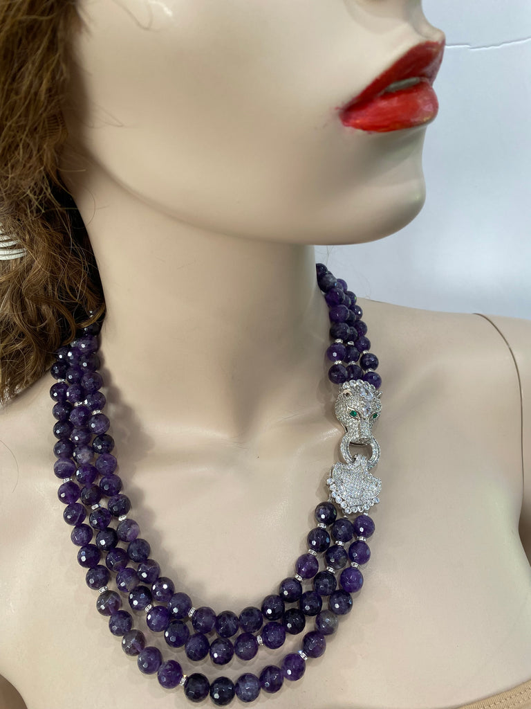 Celia Dark Amethyst 3 row Necklace with macro pave silver panther clasp