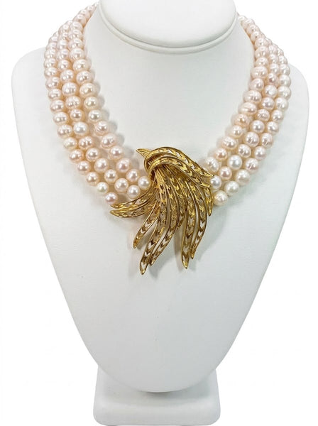 Olivia, Fresh water pearls 3 row Necklace with Gold plated center piece , One of a kind , Hand made