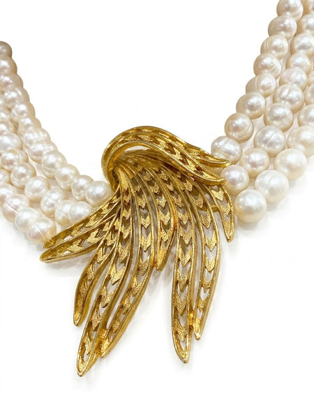 Olivia, Fresh water pearls 3 row Necklace with Gold plated center piece , One of a kind , Hand made