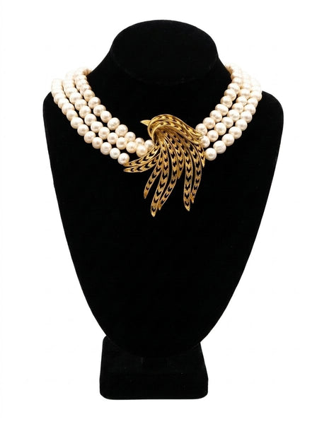Olivia, Fresh water pearls 3 row Necklace with Gold plated center piece , One of a kind , Hand made