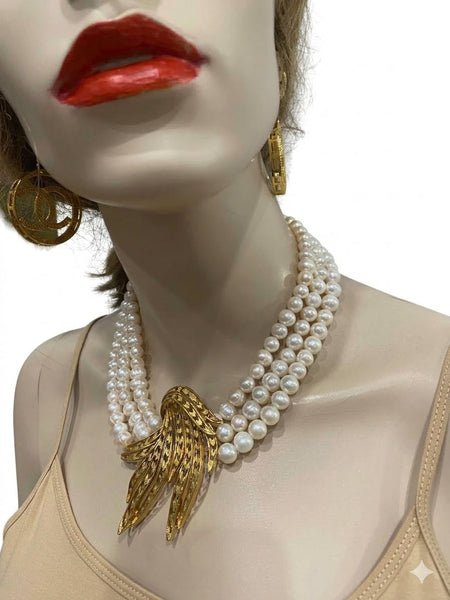Olivia, Fresh water pearls 3 row Necklace with Gold plated center piece , One of a kind , Hand made