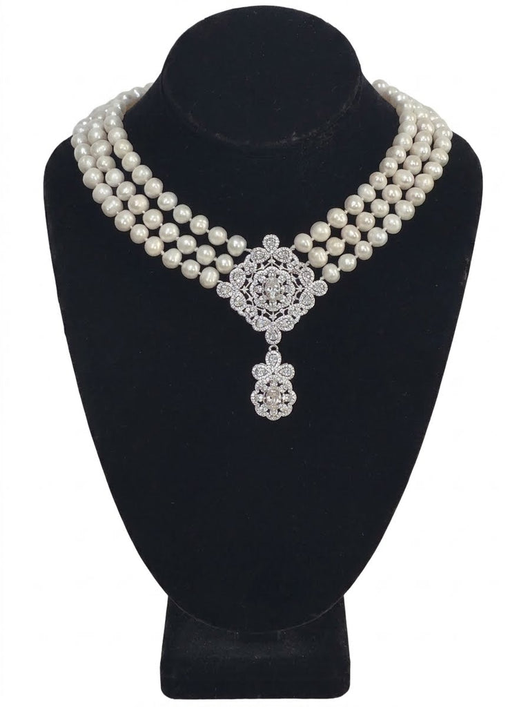 Fresh Water Pearls 3 Row Necklace, Hand Knotted , CZ Center piece Handmade