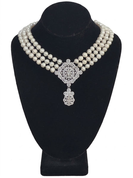 Fresh Water Pearls 3 Row Necklace, Hand Knotted , CZ Center piece Handmade