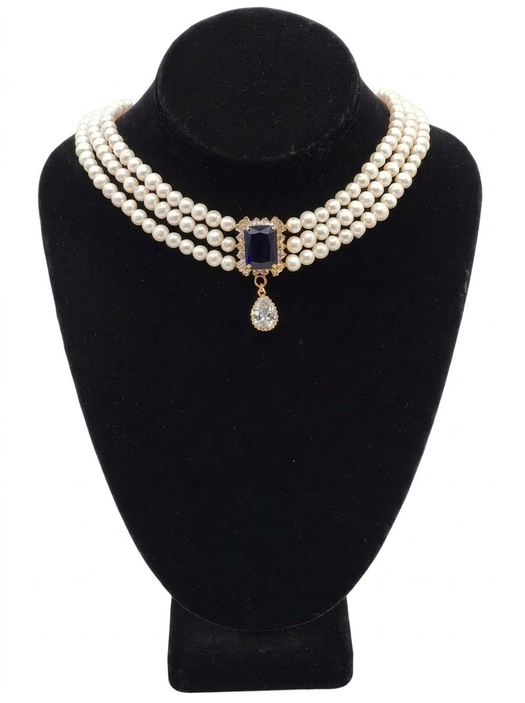Fresh Water White pearls with Blue CZ Center piece and White CZ Drop, Hand made In The USA