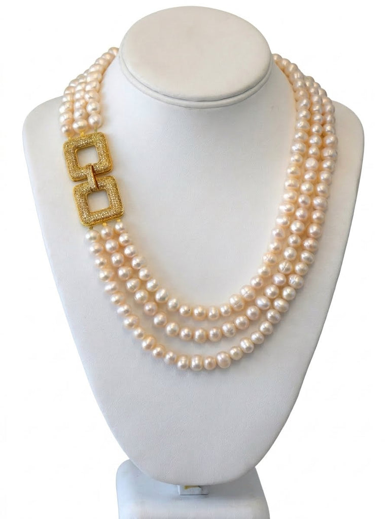 Camila, Fresh Water Pearls Necklace with Side CZ Clasp In Gold