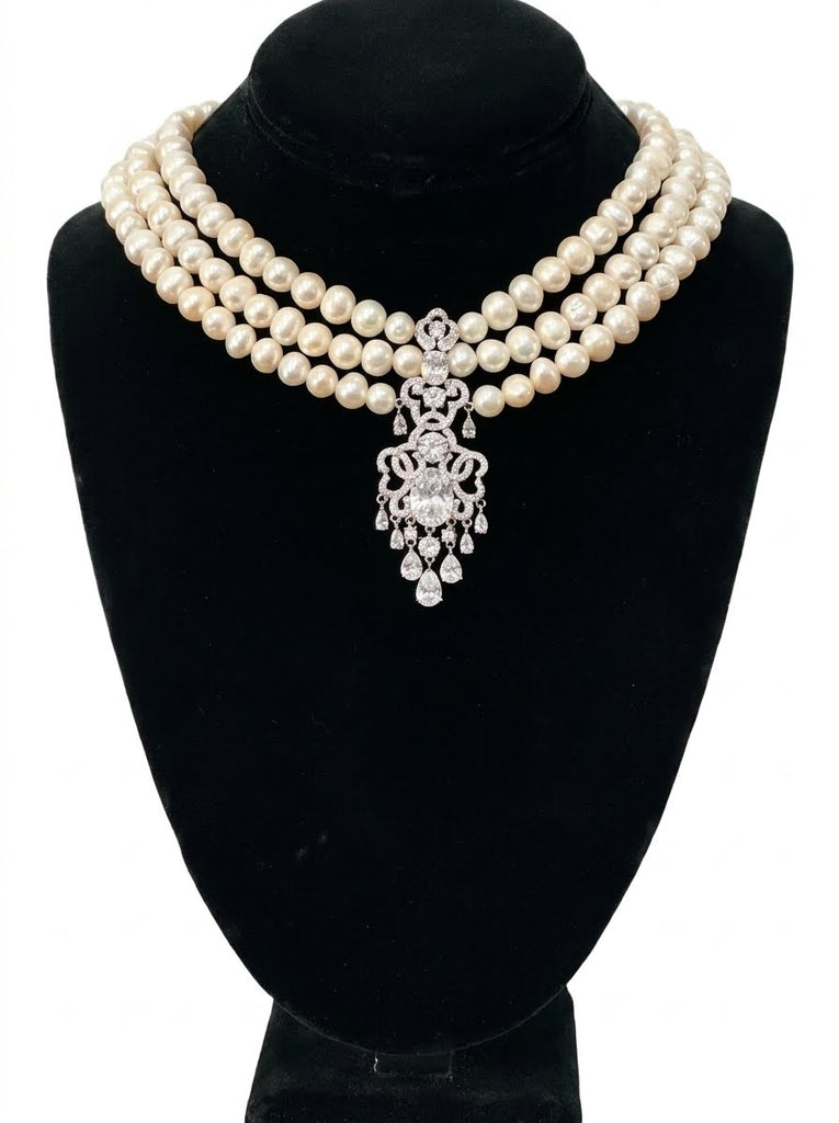 Diana, 3 Row Fresh water Pearls Necklace, Wedding, mother of the bride, Bridal, bridesmaid