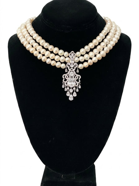 Diana, 3 Row Fresh water Pearls Necklace, Wedding, mother of the bride, Bridal, bridesmaid