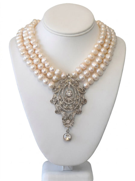 Catherine, Fresh water Pearls Necklace With Large Flower center pendant
