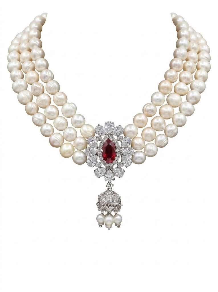 Anya , Fresh water Pearls Necklace with red CZ and clear stone center piece