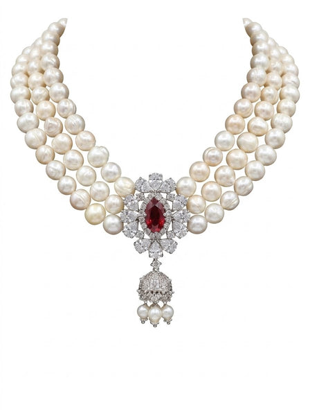 Anya , Fresh water Pearls Necklace with red CZ and clear stone center piece