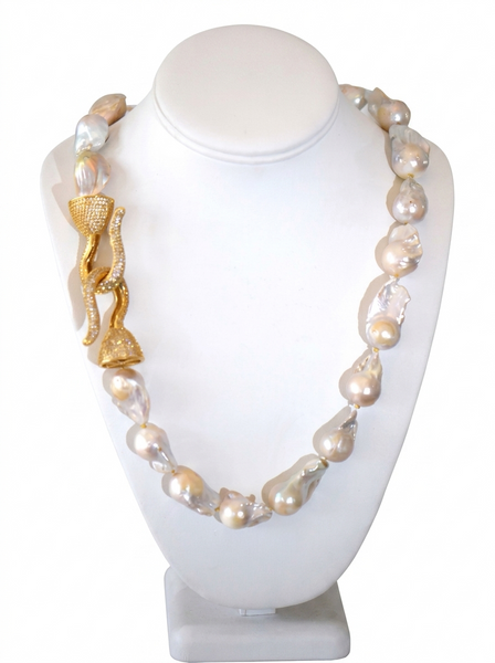 Beatrice, Barouque Pearls Necklace With Large Pave Gold Clasp on the side