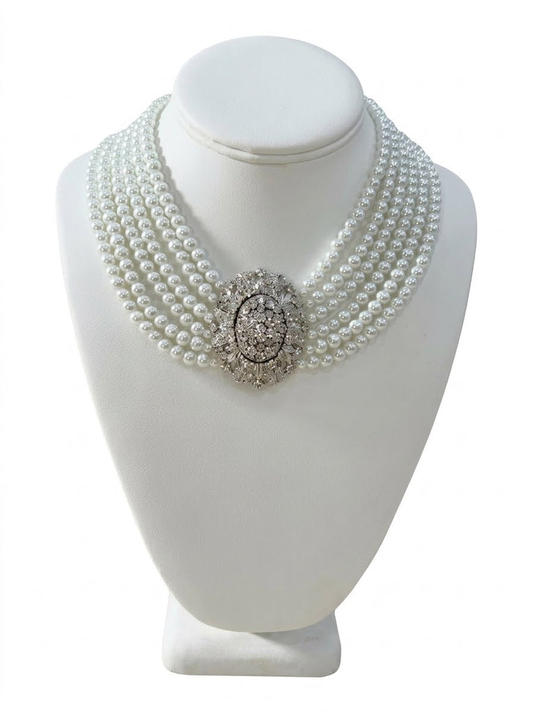 Adel, Swarovski Pearls Necklace With large Cubic Zircon Center Piece for all occasion,