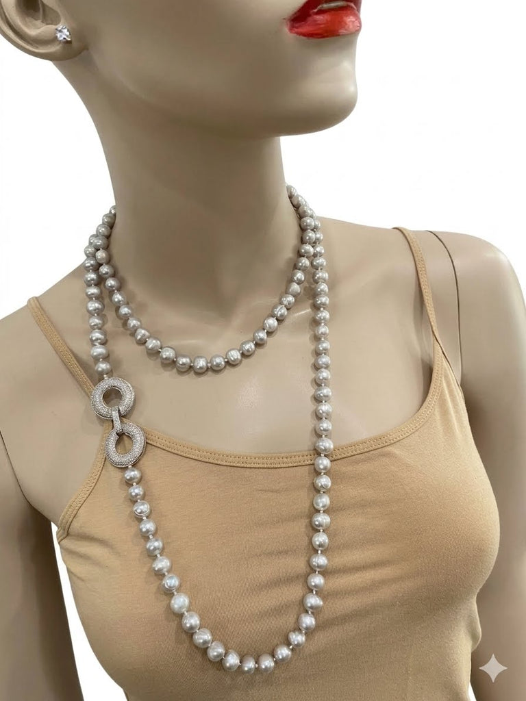 Label,  Grey Freshwater Pearls Long Necklace With Pave Clasp  , Handmade In The USA