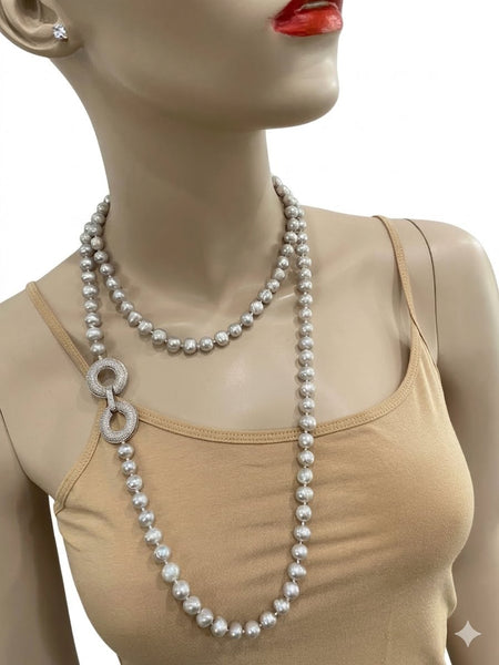 Label,  Grey Freshwater Pearls Long Necklace With Pave Clasp  , Handmade In The USA
